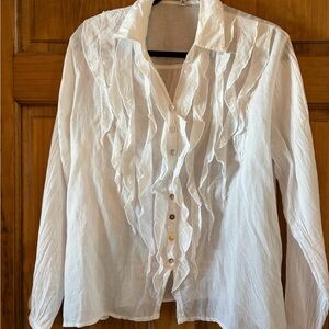 JP and Mattie White Long Sleeve Linen Blouse with Ruffles Size M